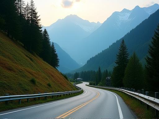 Symbolische Darstellung einer malerischen österreichischen Straße mit Berglandschaft im Hintergrund